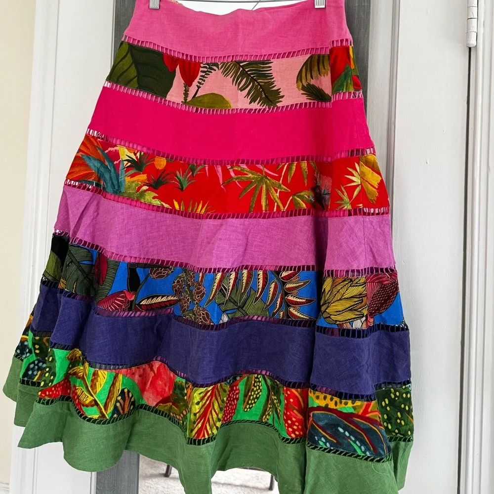 FARM Rio Rainbow Mixed Prints Tiered Midi Skirt Gypsy Bohemian - Picture 9 of 15